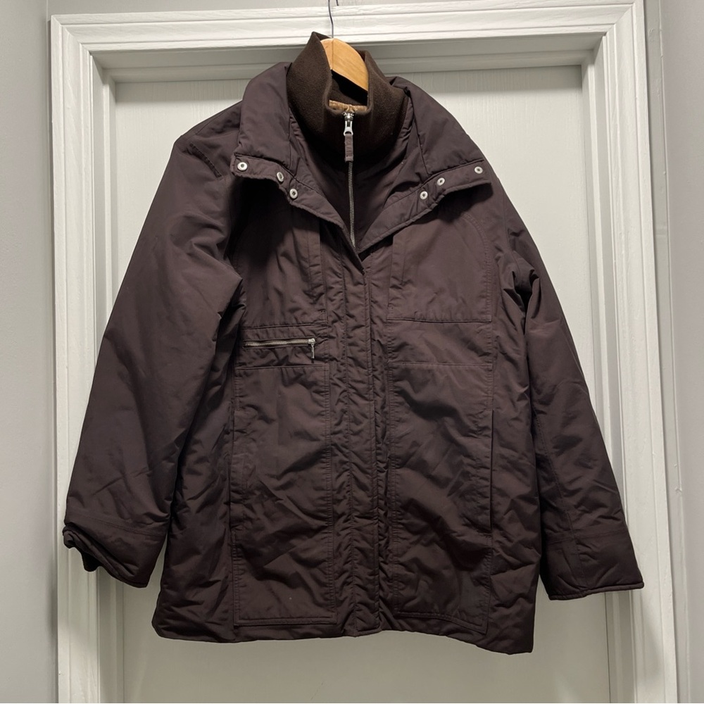LANDS' END BROWN QUILT LINED COAT, WOMEN'S LARGE 14/16 Pockets Zip Snap